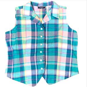 Erika Classics Button Up Collared Vest Top Sz M 100% Cotton Pastel Plaid 15P